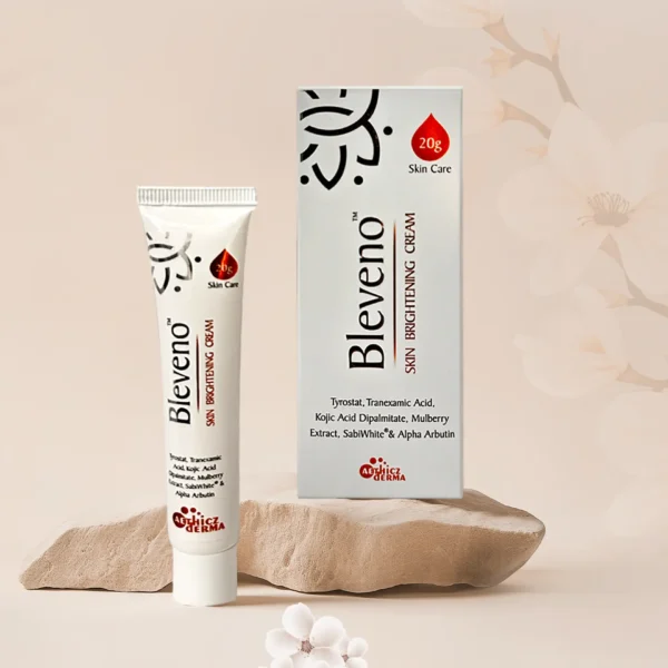 A tube of Blevano Skin Brightening Cream alongside its box, featuring ingredients like Tranexamic Acid and Kojic Acid.