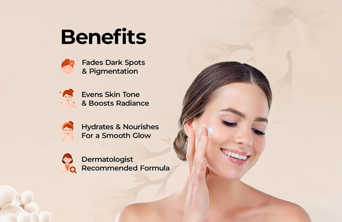 Woman applying Bleveno cream with benefits listed beside her.