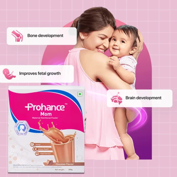 Woman with baby highlighting Prohance Mom maternal nutrition powder.