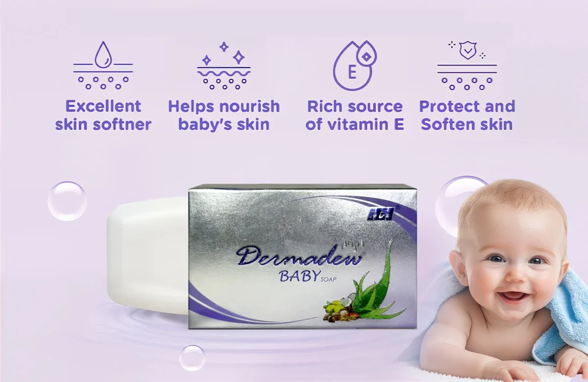 White baby soap bar beside a box labeled "Dermadew Baby Soap," highlighting its skin-softening and nourishing benefits.