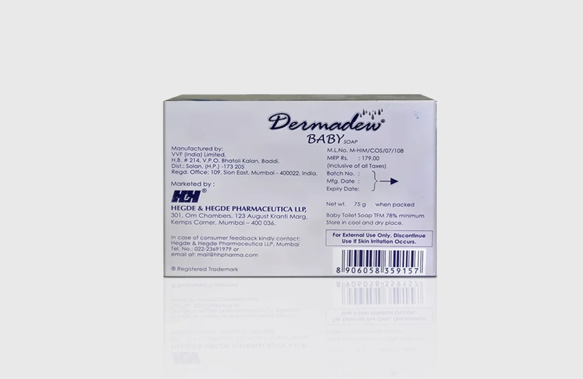 A box of Dermadew Baby Soap, featuring product details, ingredients, and usage instructions printed on the back.