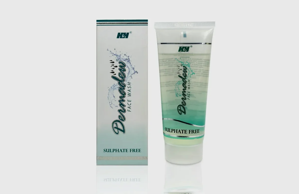 Packaging of Dermadew face wash, featuring a tube and box design, prominently labeled "Sulphate Free" with a blue and green color scheme.