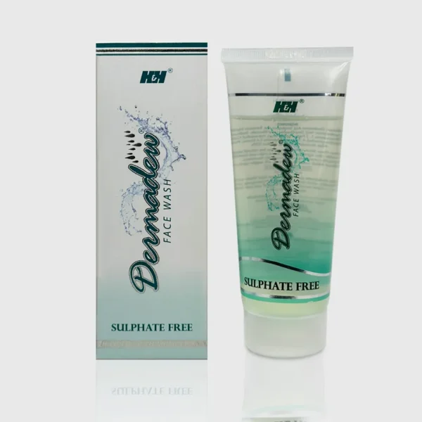 Packaging of Dermadew face wash, featuring a tube and box design, prominently labeled "Sulphate Free" with a blue and green color scheme.