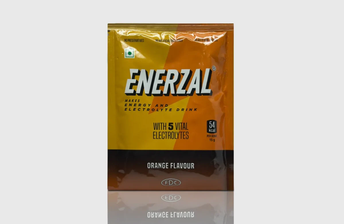 Enerzal energy and electrolyte drink packet, orange flavor.