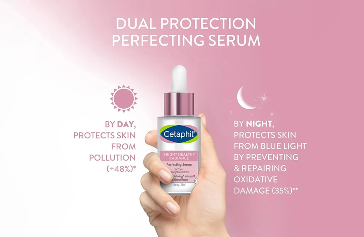 Hand holding Cetaphil Bright Healthy Radiance Perfecting Serum with text highlighting day and night skin protection benefits.