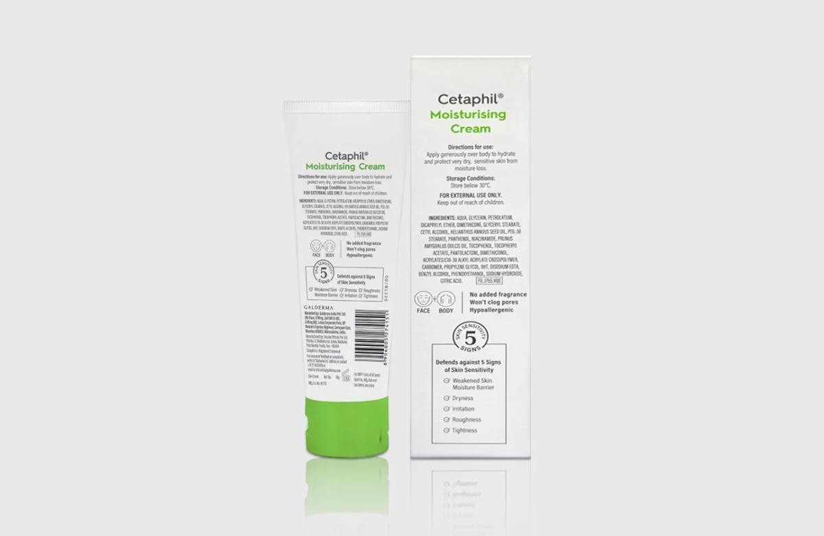 Cetaphil Moisturising Cream tube with ingredient list and directions for use on the label.