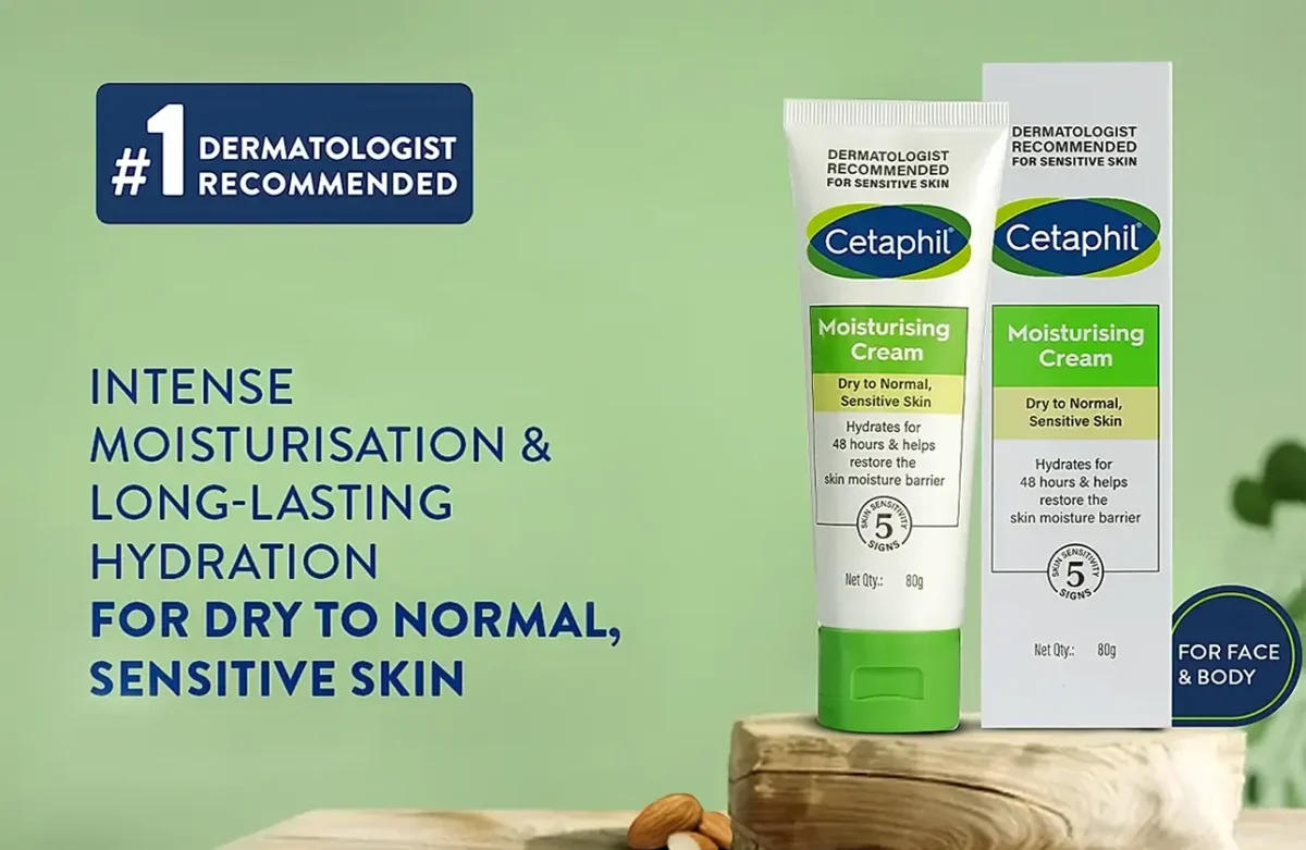 Cetaphil Moisturising Cream for dry to normal sensitive skin, dermatologist-recommended with intense, long-lasting hydration.