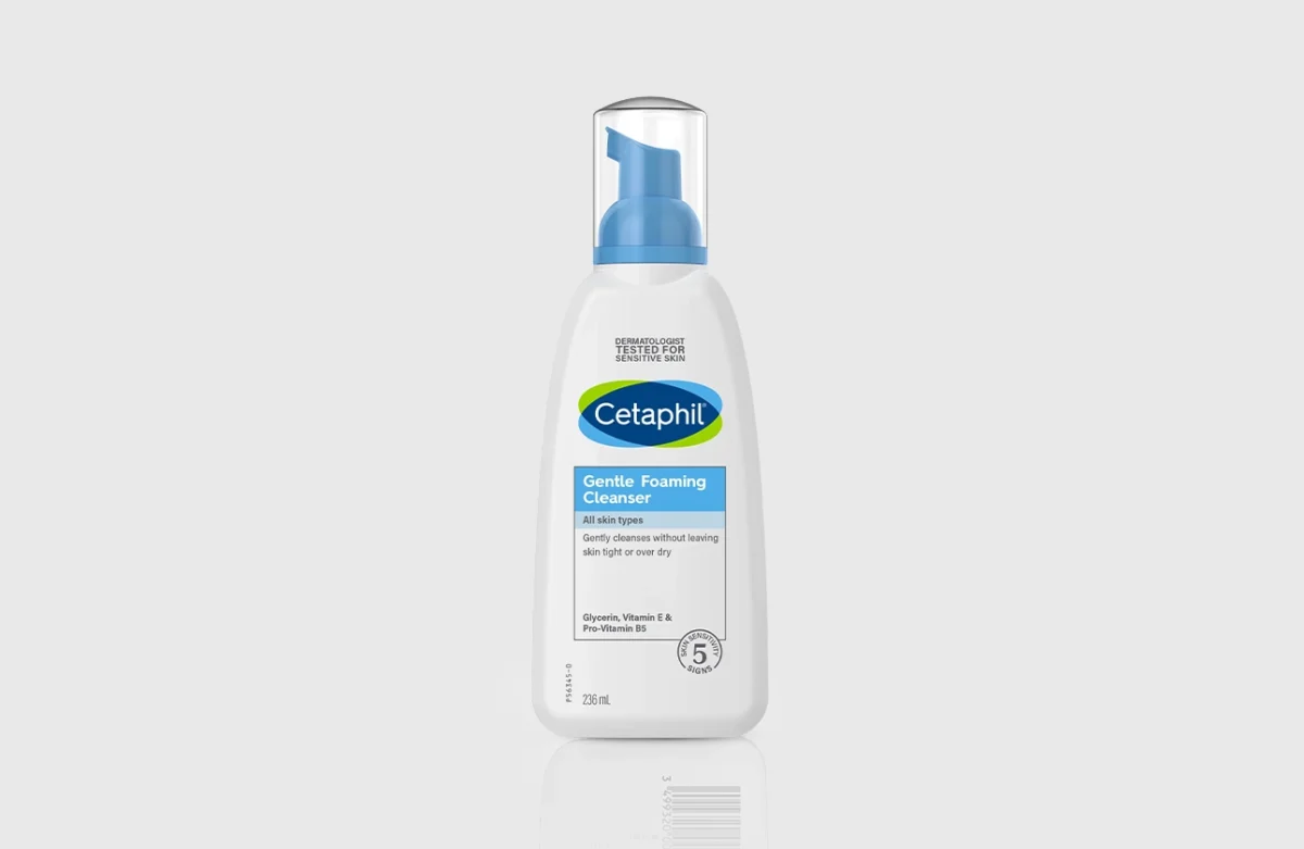 Cetaphil Gentle Foaming Cleanser in a white and light blue bottle with a pump dispenser, designed for all skin types