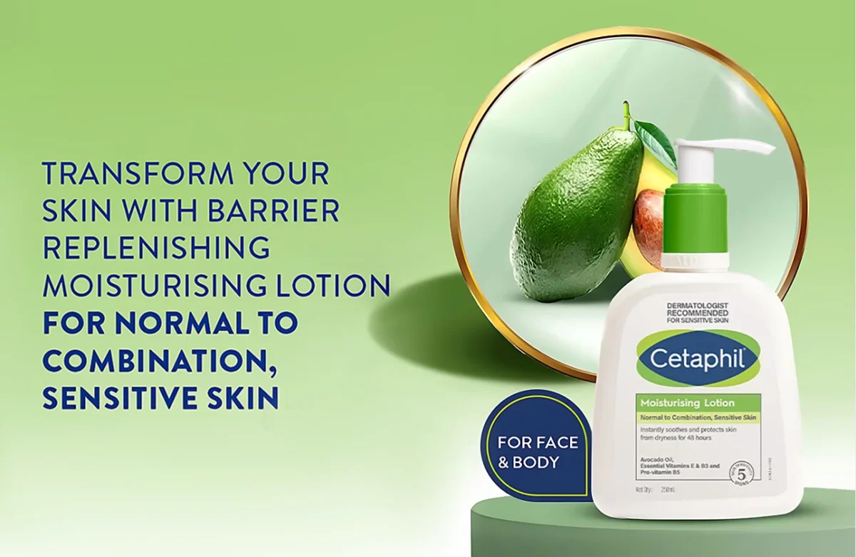 Cetaphil moisturising lotion for normal to combination, sensitive skin, enriched with avocado oil and vitamins, in a white bottle with a green cap.